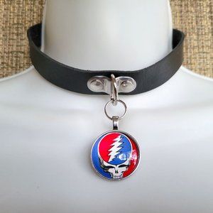 Vegan Leather Choker  Grateful Dead Steal Your Face Glass Photo Cabochon Charm